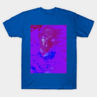 Portrait, digital collage and special processing. Man looking on us. Eyes. Smudged shapes. Violet. T-Shirt